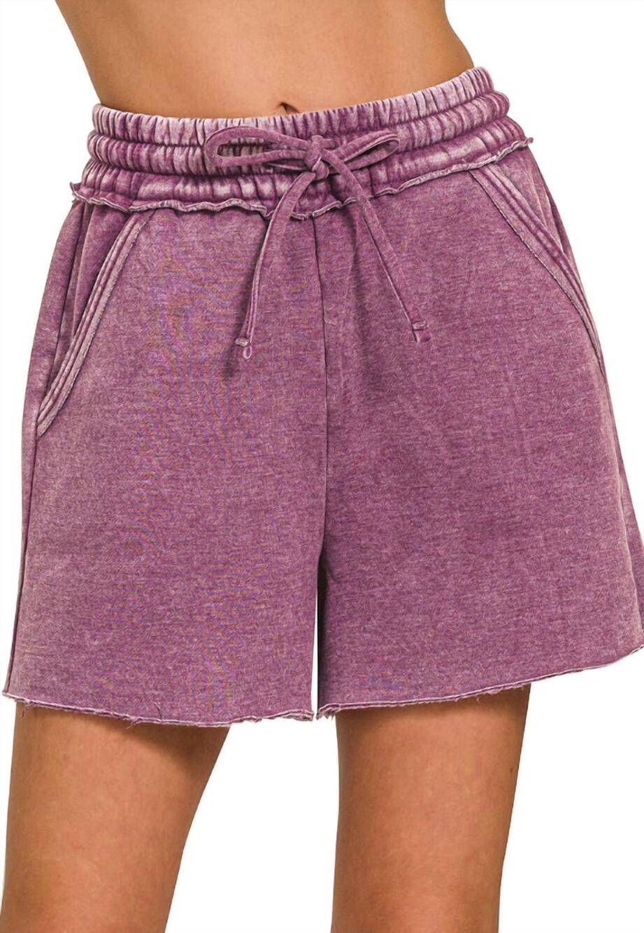 NEW 42POPS acid wash fleece shorts in eggplant
